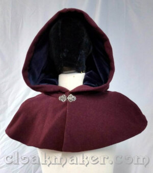 3687 - Heathered Wine Wool Shape Shoulder Cloak w/Navy Velvet Hood Lining