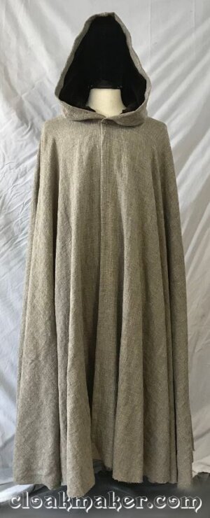 3770 - Rustic Heathered Brown Linen Full Circle Cloak with Brown Velvet Hood Lining
