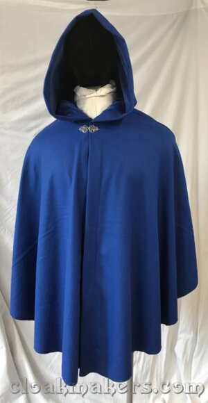 3787 - Cobalt Blue Wool Shaped Shoulder Ruana Cloak with Cobalt Blue Velveteen Hood Lining