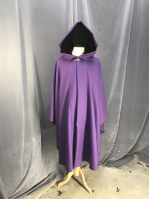 3876 - Purple Wool Ruana cloak with Pockets, Black Velvet Hood Lining, Pewter Vale Clasp