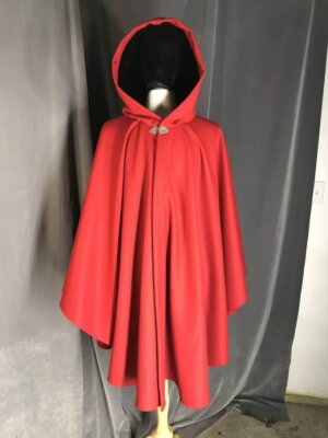 3926 - Red Wool Ruana Cloak, Black Velveteen Hood Lining, Pewter Vale Clasp