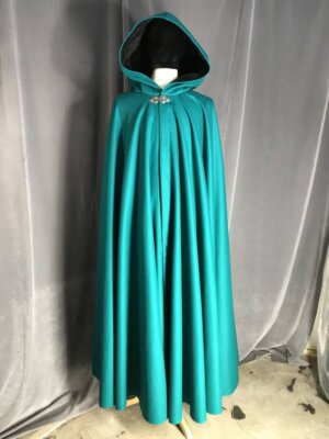 3933 - EXTRA Long Persian Green Wool Cloak, Black Velveteen Hood Lining, Pewter Triple Medallion Clasp
