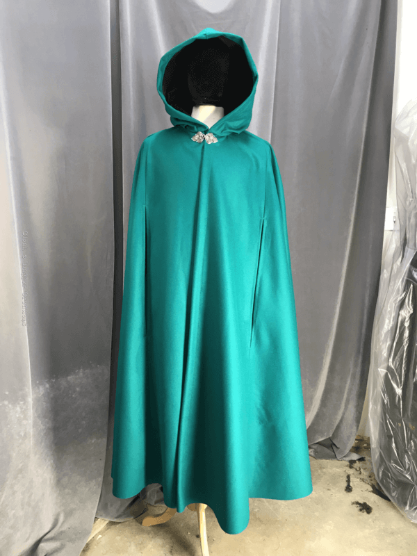 3935 - Persian Green Cloak w/Arm Slits, Black Hood Lining, Pewter Triple Medallion Clasp