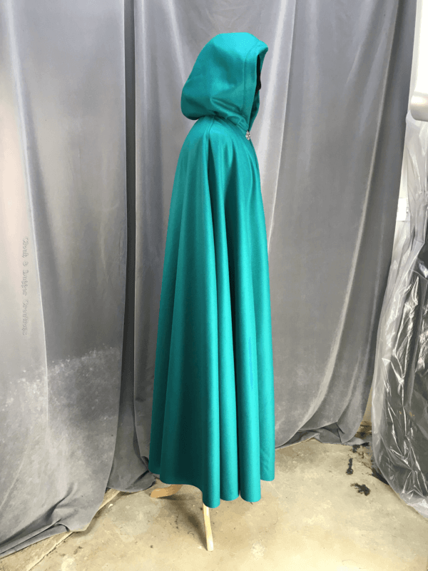 3935 - Persian Green Cloak w/Arm Slits, Black Hood Lining, Pewter Triple Medallion Clasp - Image 2