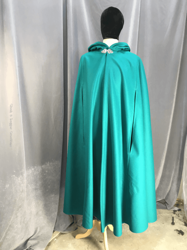 3935 - Persian Green Cloak w/Arm Slits, Black Hood Lining, Pewter Triple Medallion Clasp - Image 4