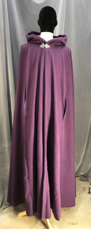 3942 - Extra Long Purple Wool Cloak w/Arm Slits, Purple Cotton Velvet Hood Lining, Pewter Vale Clasp