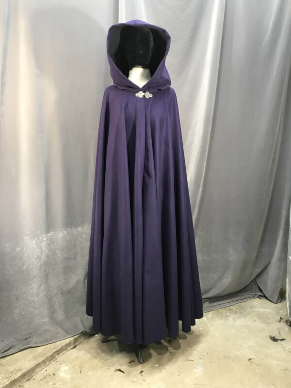 3971 - Royal Purple Full Length Full Circle Cloak, Black Moleskin Hood Lining, Pewter Triple Medallion Clasp