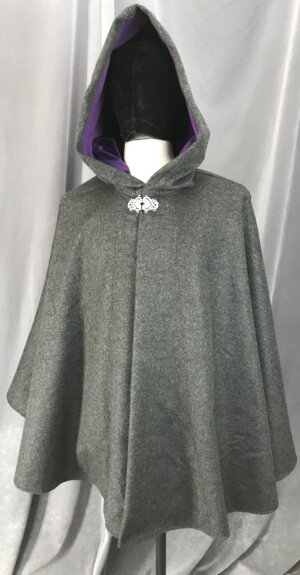 4149 - Grey Wool Runana-Style Cloak w/Pockets, Dark Violet Faux Suede Hood Lining