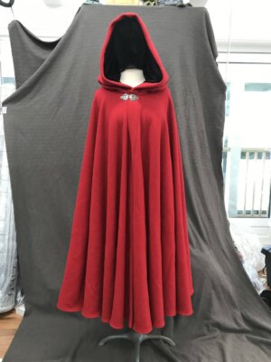 4161 - Red Wool Blend Full Circle Cloak, Black Stretch Velvet Hood, Pewter Clasp