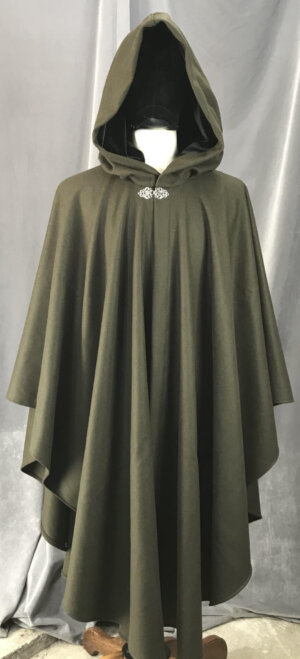 4152 - Seaweed Green Ruana-Style Cloak, Black Velvet Hood Lining, Pewter Vale Clasp