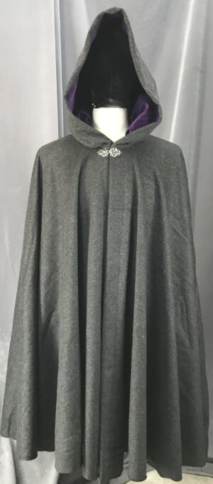 4157 - Dark Grey Heathered Wool Cloak, Purple Velveteen Hood Lining, Pewter Vale Clasp