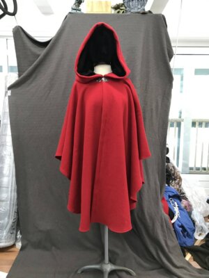 4164 - Washable Red Wool Blend Ruana Style Cloak, Black Velvet Hood Lining, Pewter Clasp