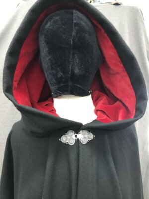 4165 - Washable Black Wool Long Full Circle Cloak, Red Velvet Hood Lining, Pewter Clasp