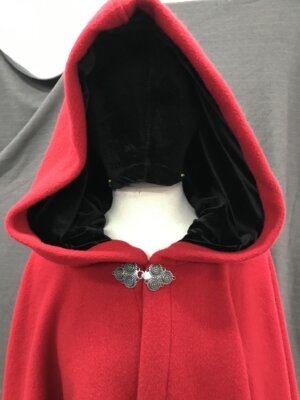 4168 - Washable Red Wool Blend Full Circle Cloak, Black Stretch Velvet Hood Lining, Pewter Clasp