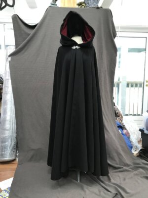 4169 - Black Plush Wool Blend Full Circle Cloak, Red Stretch Velvet Lined Hood, Pewter Clasp