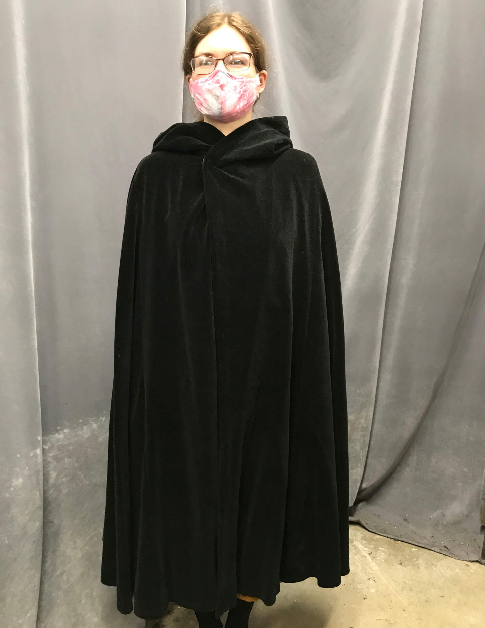 4172 - Black Cotton Velvet Shaped Shoulder Cloak, Unlined Hood, Snap ...