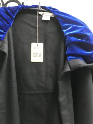 4182 - Black Wool Ruana Style Cloak w/Vibrant Blue Stretch Velvet Hood Lining, Clasp TBD
