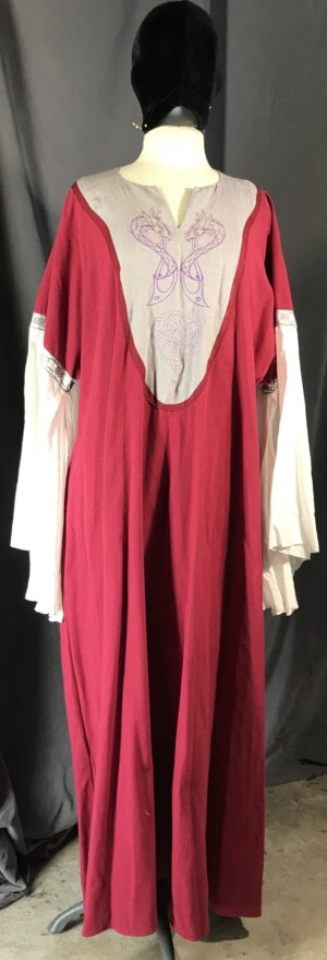 G1045 - Red Gown w/Pockets, Grey Yoke w/Embroidered Purple Dragons, Celtic Knot, Red Trim, White Sleeves