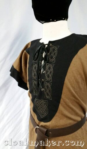 J575 -Brown Linen Viking Tunic w/Leather Laced Front and Knotwork Embroidery