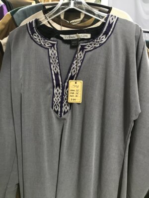 J598 - Dove Grey Rayon Viking Tunic, Purple/Silver Mongolian Celtic Knot Trim- Medium