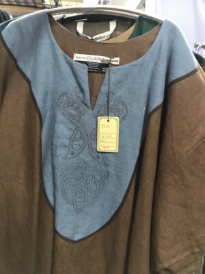 J604 - Brown Short Sleeve Tunic, Blue Yoke, Viking Dragon embroidery