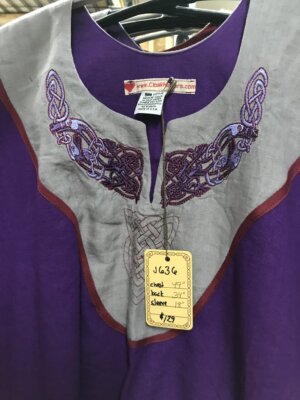 J636 - Purple Short Sleeve Tunic Red Trim, Celtic Dog Embroidery on Grey Panel