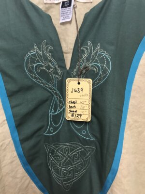 J639 - Cream Linen Tunic w/Blue Trim, Green Cotton Yoke, Viking Dragon Embroidery