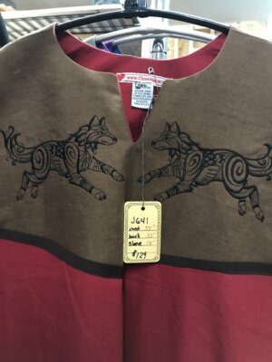 J641 - Red Short Sleeve Tunic, Black trim, Brown Panel, Embroidered Wolves