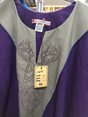 J642 - Purple Cotton/Linen short sleeve tunic, Grey Yoke Blue Trim, Viking Dragon Celtic Knot