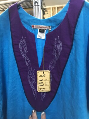 J643 - Turquoise Blue Linen Tunic , Deep Blue Trim, Purple Yoke w/Viking Dragon Embroidery