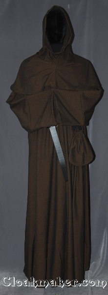 R383 - Brown and Black Chevron Wool Monk Robe with Detached Cowl, Pouch