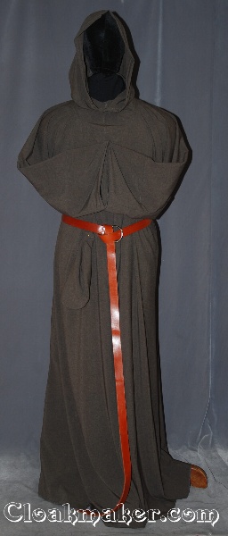 R405 - Heathered Brown Grey and Black Wool Monk Robe w/Attached Cowl, Matching Pouch