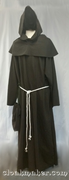 R427 - Heathered Greyish Dark Brown Wool Monk Robe with Detached Pointed Cowl, Belt Pouch