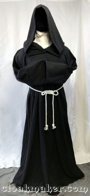 R435 - Black Wool Monk Robe with Attached Cowl