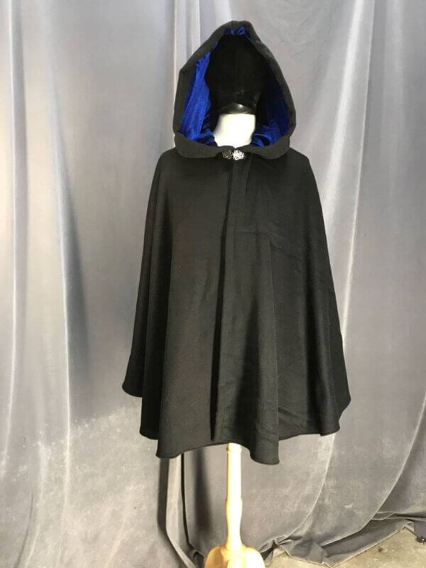 3900 - Black Wool Blend Shaped Shoulder Ruana, Blue Stretch Velvet Hood Lining, Pewter Vale Clasp