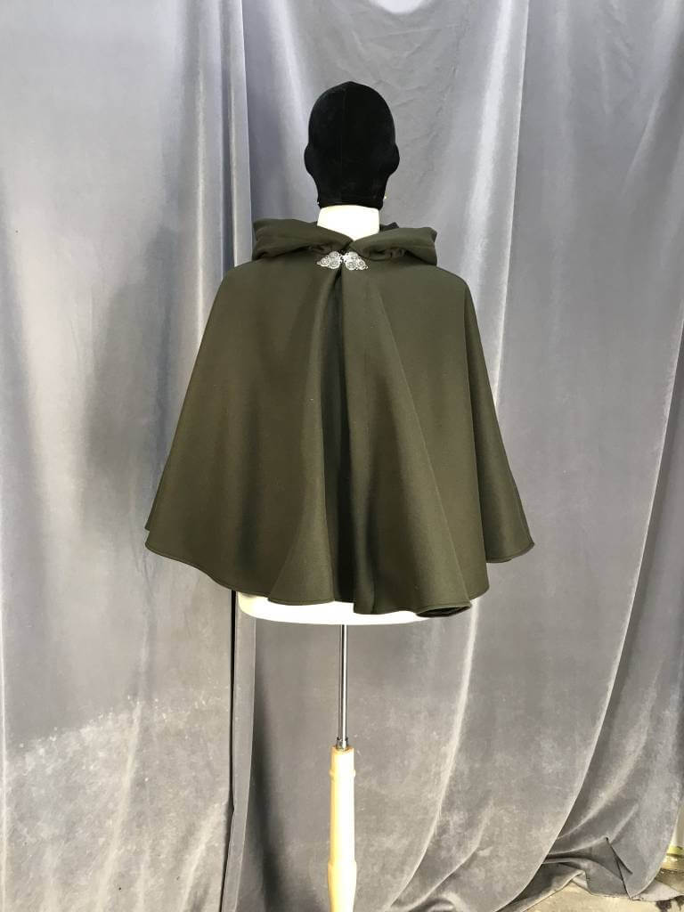 3929 - Dark Moss Green Full Circle Short Cloak, Black Cotton Velvet Hood  Lining, Pewter Triple Medallion Clasp