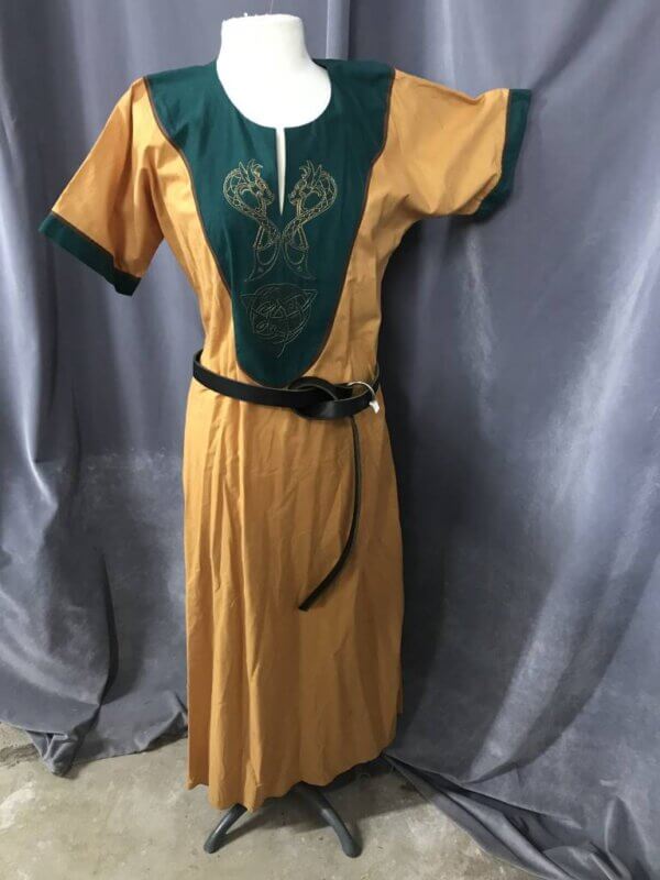 G1010 - Golden Yellow Cotton Gown,  Gold Dragon Embroidery On Green - Image 2